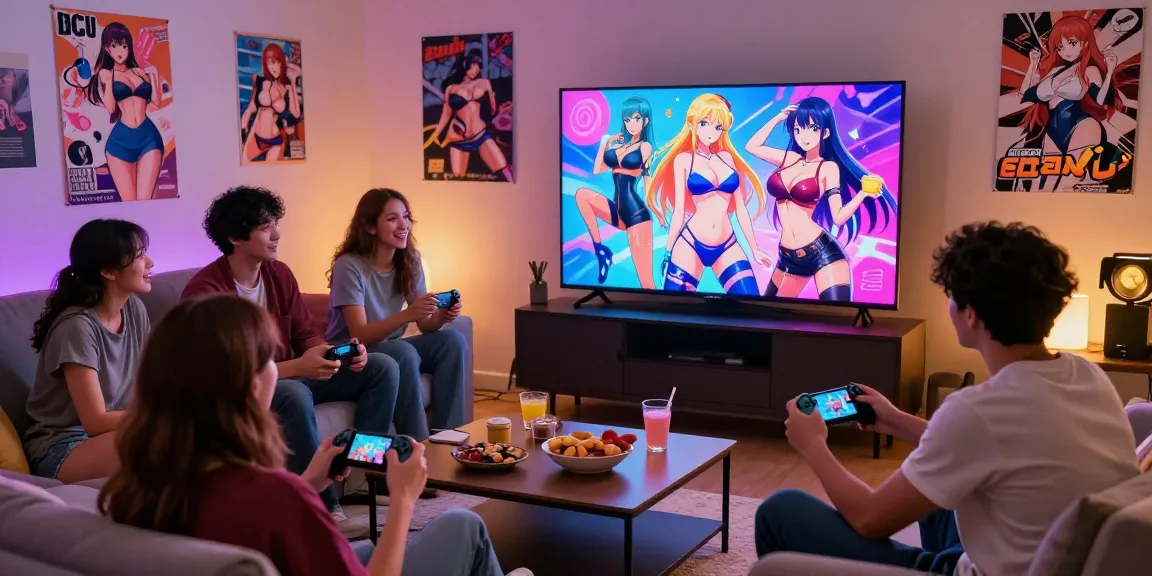 Friends enjoying ecchi games in a cozy living room setting with vibrant screens and snacks.
