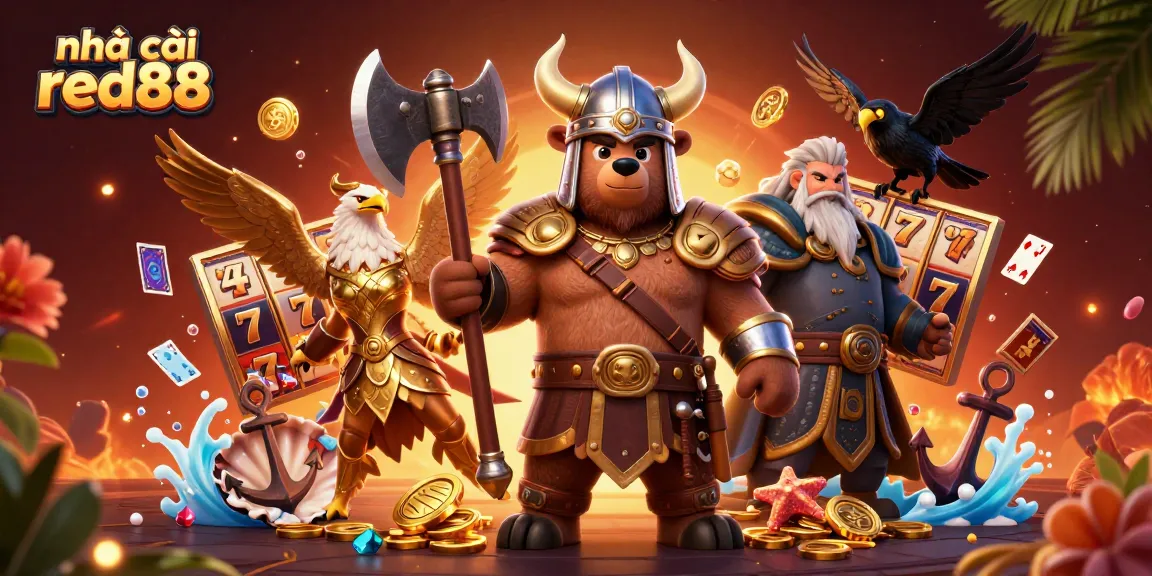 Engage in thrilling gameplay with nhà cái red88, featuring Viking bear and Valkyrie eagle in a dynamic casino scene.
