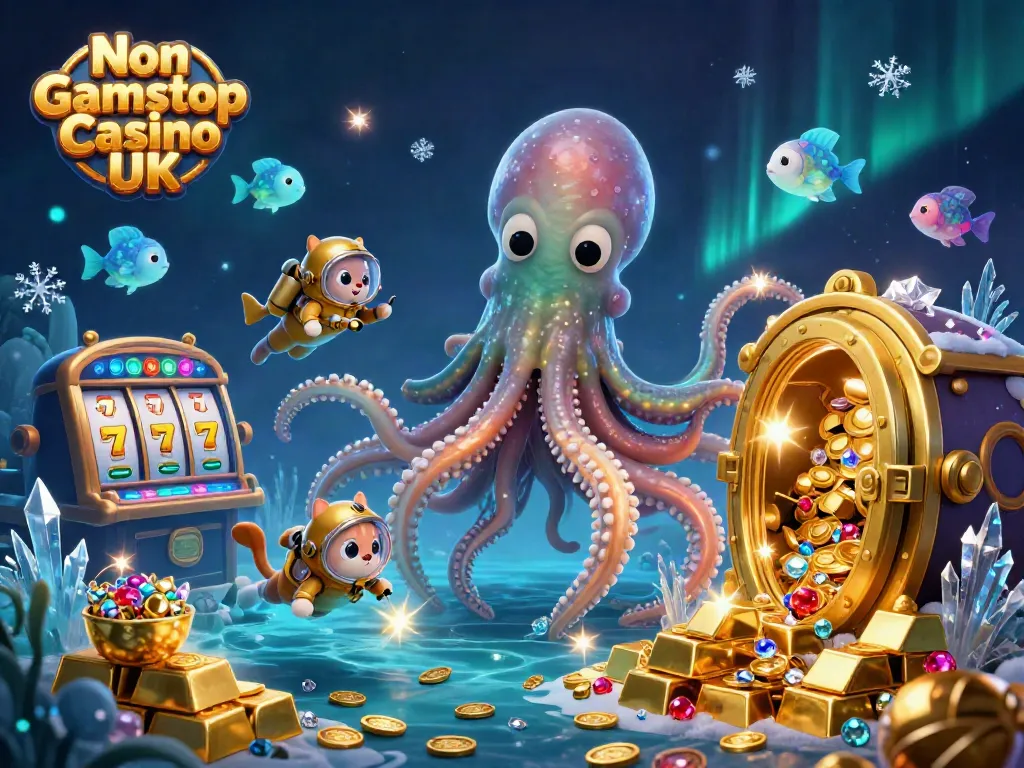 Experience thrilling action at a Non Gamstop Casino UK with a colossal kraken and diving cat in an engaging underwater scene.