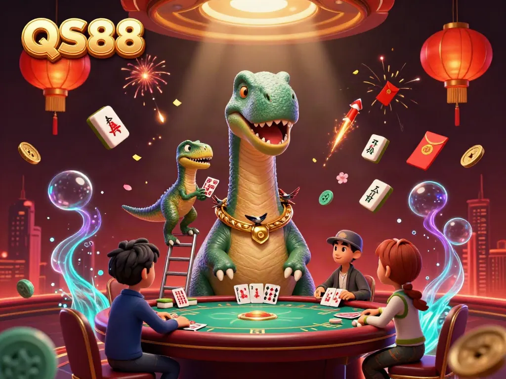 Engage with the vibrant world of QS88 casino where a brontosaurus oversees a lively poker game amidst dynamic gaming elements.