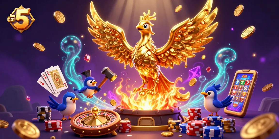Engage with keo nha cai 5 as the golden phoenix soars among cascading coins and casino elements.