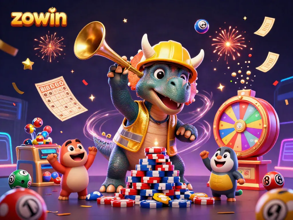 Engage in exciting gaming moments with Zowin, featuring lively characters and vibrant casino elements.