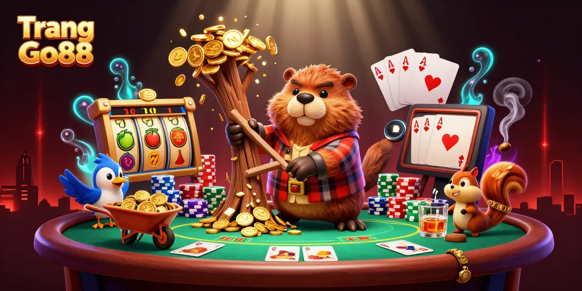 Experience excitement at Trang Go88 with a lively scene of a beaver and friends enjoying a gold coin rain and gaming.