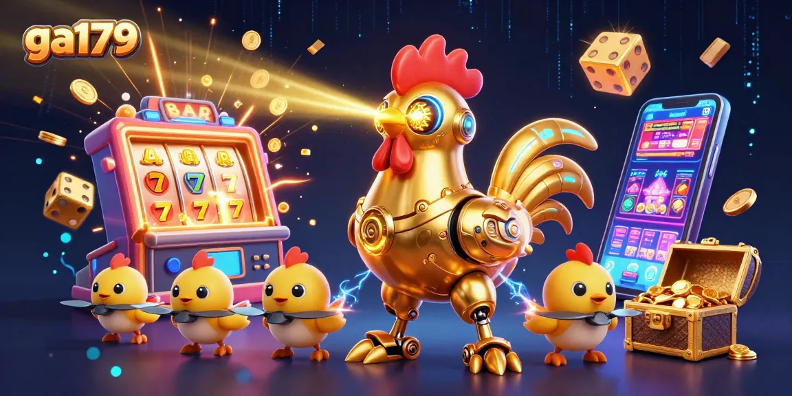 Experience the thrill of casino gaming with ga179 and a dynamic illustration of a golden rooster robot amidst slots and games.