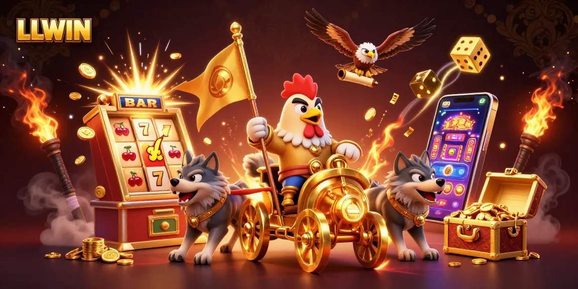 Experience the thrilling world of LLWIN with a dynamic casino scene featuring a rooster warlord and jackpot elements.