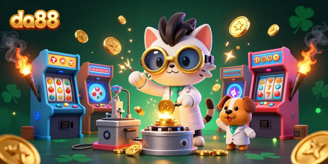 Experience da88's gold-coin replication lab with a mad scientist cat and vibrant gaming elements.
