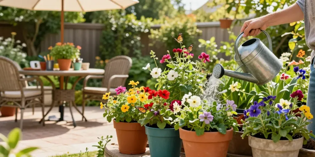Vibrant outdoor plant pots filled with flowers in a sunny garden.