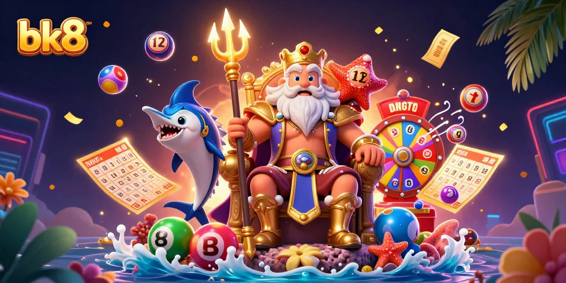 Experience the thrill of gambling with bk8's vibrant lottery scene featuring Neptune and prize elements.