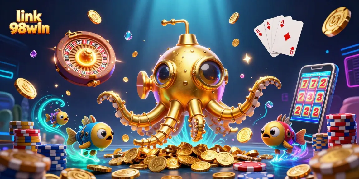 Score big with link 98win in this vibrant 3D casino illustration featuring a golden kraken and treasures.