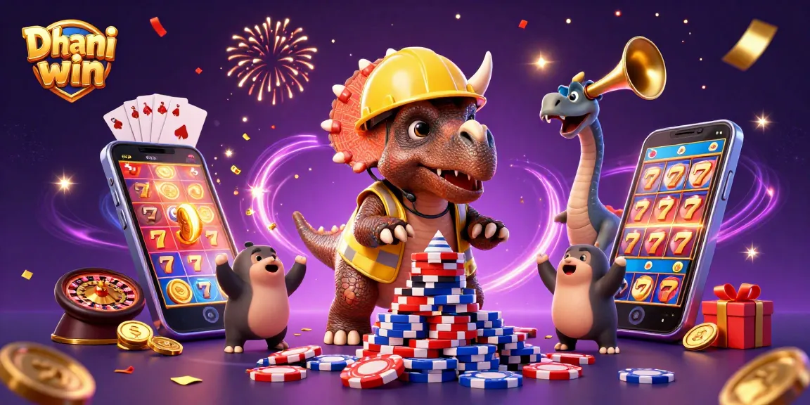 Dive into the action with Dhani win, where cartoon dinosaurs celebrate a vibrant casino scene with exciting games.