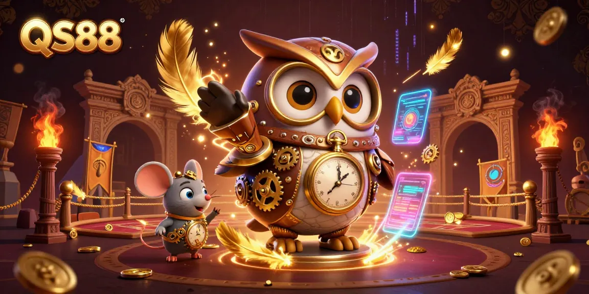 Engage with thrilling casino adventures at QS88 featuring a whimsical steampunk owl and vibrant game elements.