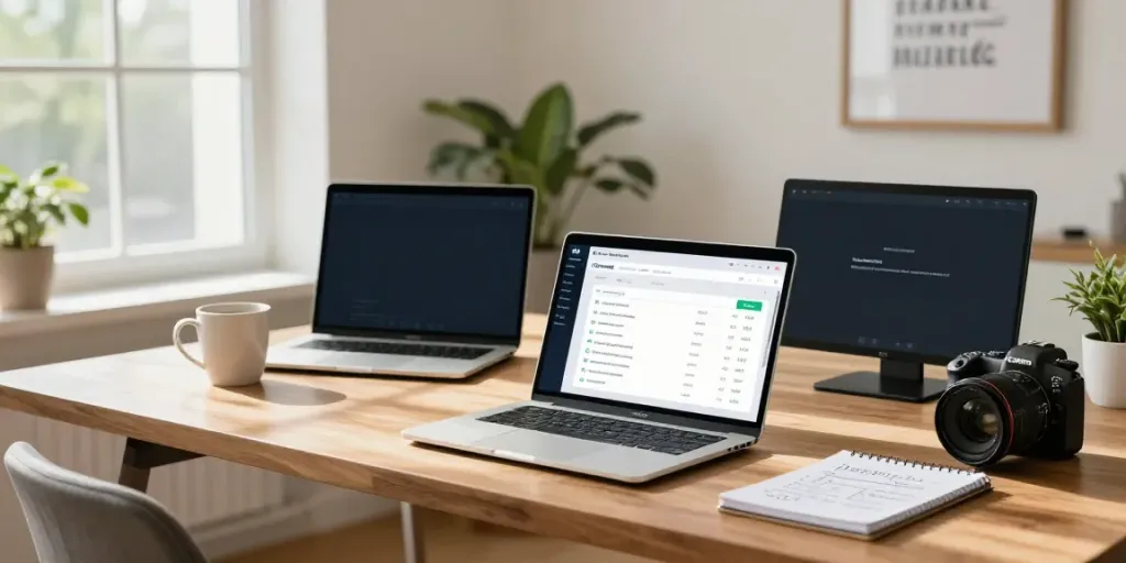 Register a cheap .co.uk domain in a modern home office scene, showcasing a laptop with domain search results and a bright, inviting workspace.