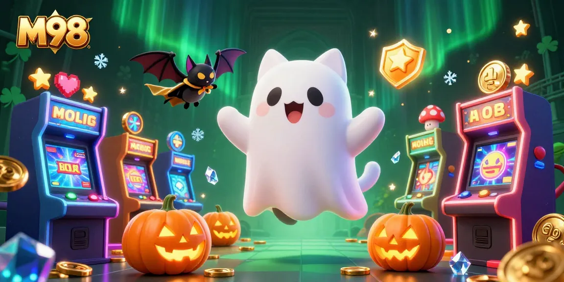 M98 game enthusiasts enjoy a lively haunted casino scene with vibrant arcade elements.