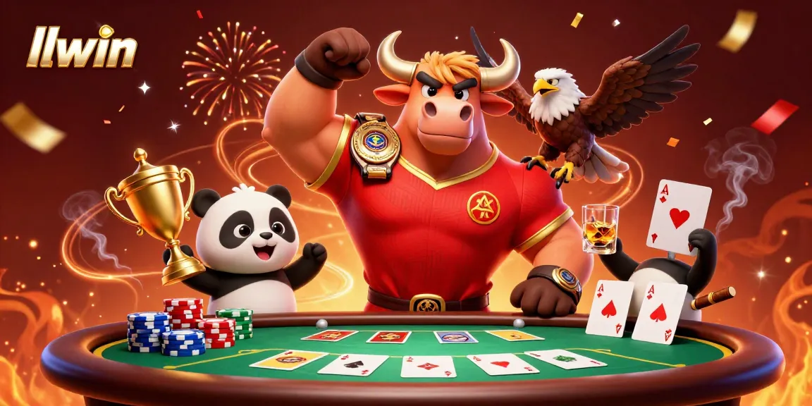 llwin players winning big at the casino with an energetic 3D bull mascot, eagle, and panda celebrating together