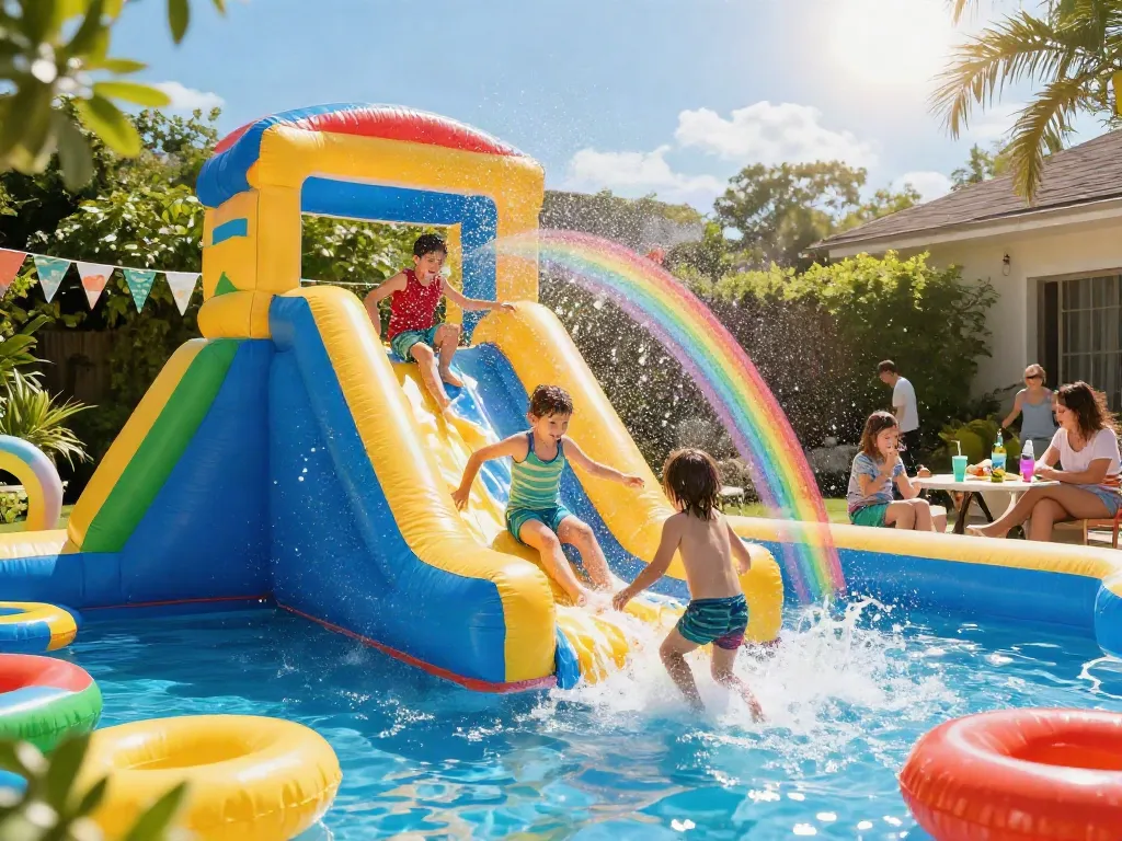 Children having fun on a slip and slide in a sunny backyard, splashing water everywhere.