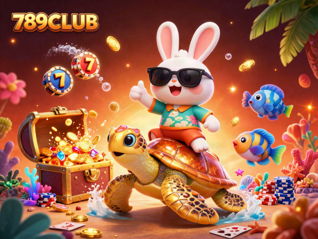 Engage with exciting games at 789CLUB featuring a lucky rabbit and golden sea turtle in a vibrant casino scene.