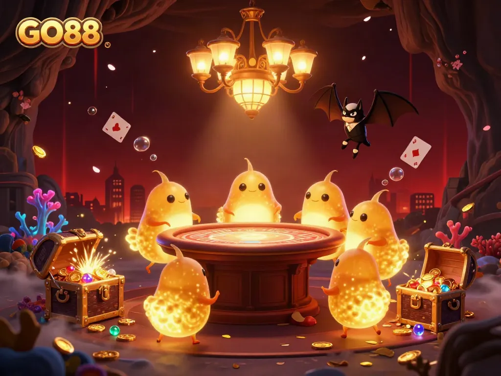 Experience the vibrant GO88 casino atmosphere illuminated by glowworms, with neon effects and treasure elements.