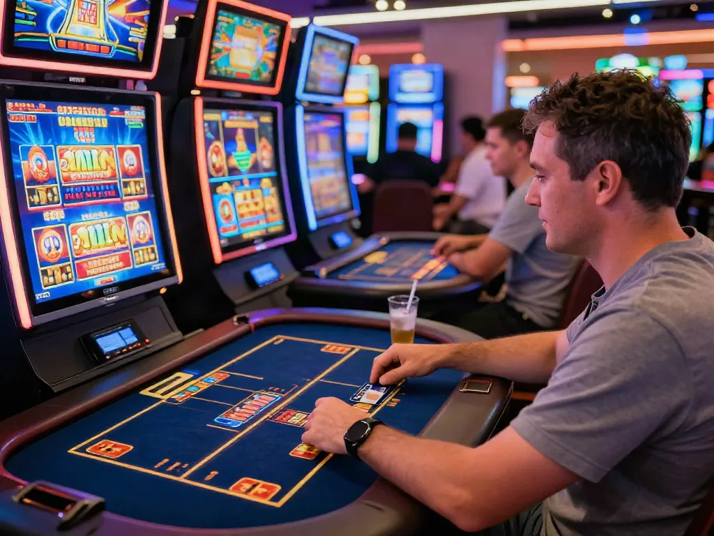 Player celebrating a win at a credit card casino, with vibrant games and a credit card visible on the table.