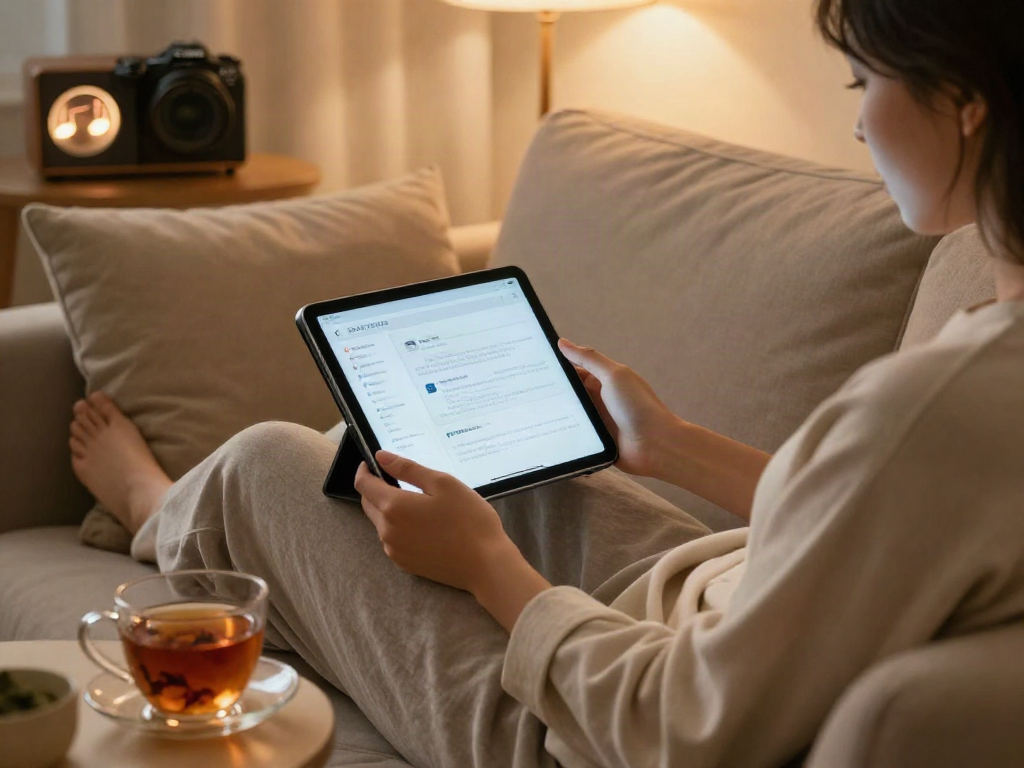 Engaging in an AI sex chat from a cozy home setting, highlighting modern personal interaction.