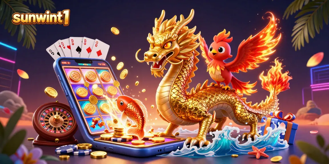 Experience the enchanting world of sunwint1 with a golden dragon amid casino games and lucky symbols.